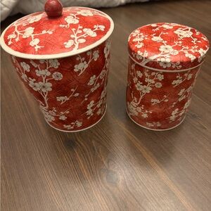 Vintage Red and White Cherry Blossom Tin Set.
